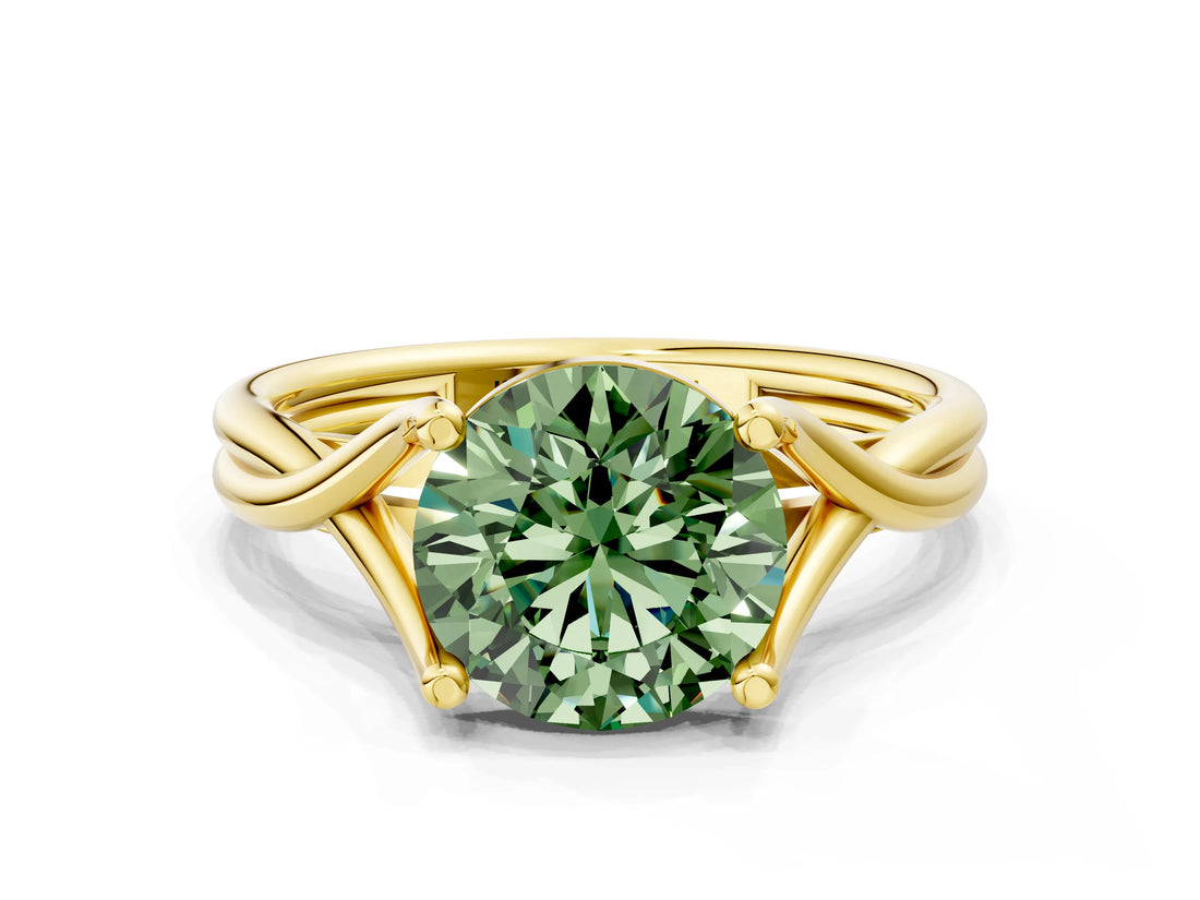 Yellow gold Fancy Green Round Cut Diamond Solitaire Twist Band Prong Setting Ring_67