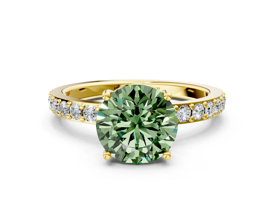 Yellow gold Fancy Green Round  Cut Diamond Solitaire with Pave Band and Four-Prong Setting 1