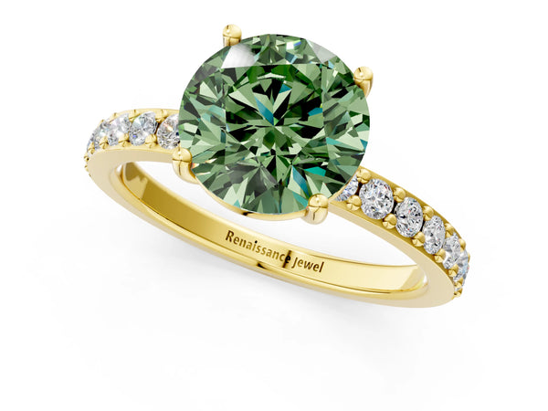 Yellow gold Fancy Green Round  Cut Diamond Solitaire with Pave Band and Four-Prong Setting