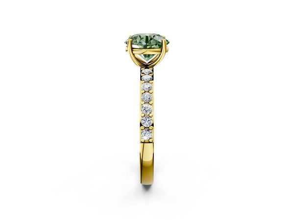 Yellow gold Fancy Green Round  Cut Diamond Solitaire with Pave Band and Four-Prong Setting
