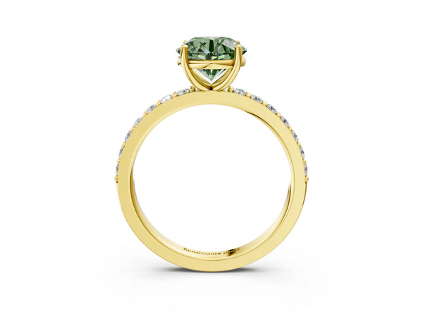 Yellow gold Fancy Green Round  Cut Diamond Solitaire with Pave Band and Four-Prong Setting