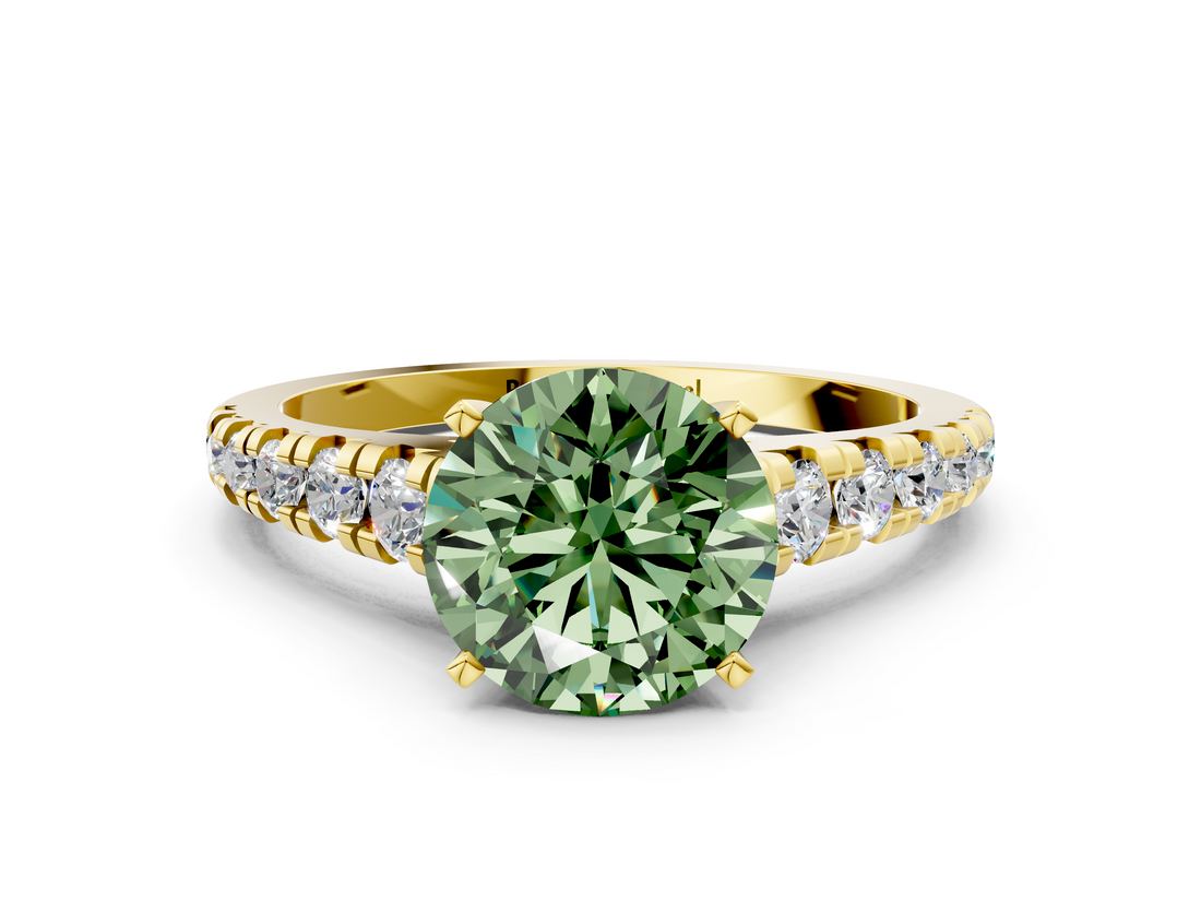 Yellow gold Fancy Green Round  Cut Diamond Solitaire with Pave Band and Four-Prong Setting_145