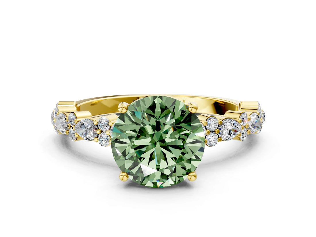 Yellow gold Fancy Green Round Cut Diamond Solitaire with Side Stones, Pave Band, Four-Prong Setting_102