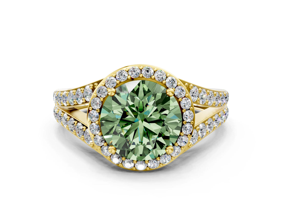 Yellow gold Fancy Green Round Cut Diamond Split Shank Halo Ring with Four-Prong Setting_58