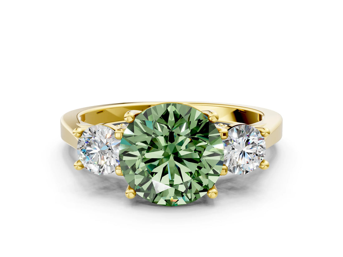 Yellow gold Fancy Green Round Cut Diamond Three-Stone Engagement Ring with Prong Setting and Pavé Band