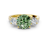Yellow gold Fancy Green Round Cut Diamond Three-Stone Engagement Ring with Prong Setting and Pavé Band