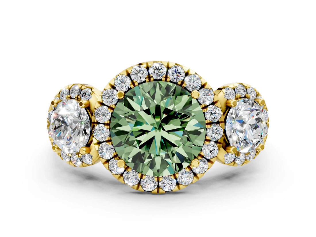 Yellow gold Fancy Green Round Cut Diamond Three-Stone Halo Ring with Prong Setting and Pavé Accents