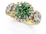 Yellow gold Fancy Green Round Cut Diamond Three-Stone Halo Ring with Prong Setting and Pavé Accents_1
