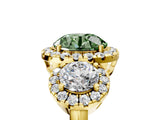 Yellow gold Fancy Green Round Cut Diamond Three-Stone Halo Ring with Prong Setting and Pavé Accents_5