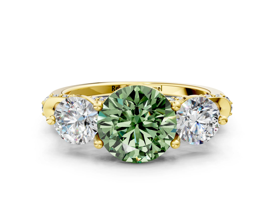 Yellow gold Fancy Green Round Cut Diamond Three-Stone Ring with Prong Setting and Pavé Band