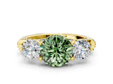 Yellow gold Fancy Green Round Cut Diamond Three-Stone Ring with Prong Setting and Pavé Band