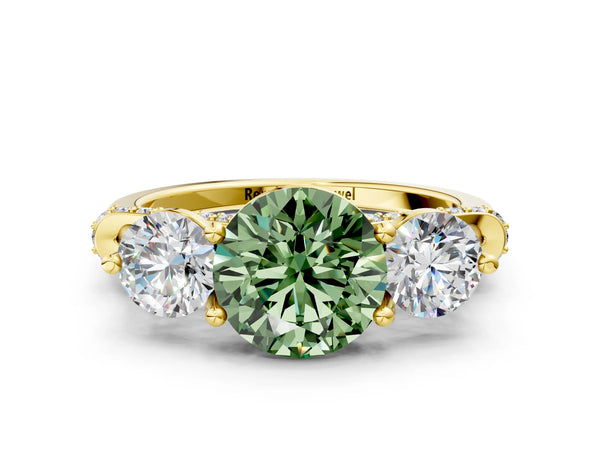 Yellow Gold Round Curved Pave Three Stone Engagement Ring Setting for Fancy Green Center