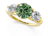 Yellow gold Fancy Green Round Cut Diamond Three-Stone Ring with Prong Setting and Pavé Band_1