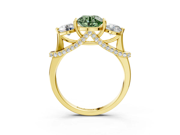 Yellow Gold Round Curved Pave Three Stone Engagement Ring Setting for Fancy Green Center