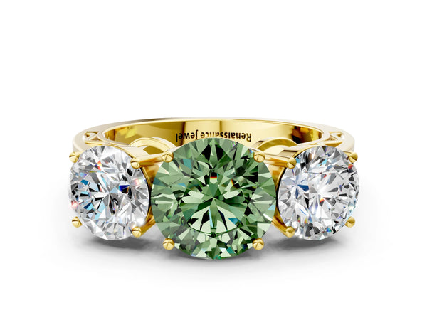 Yellow gold Fancy Green Round Cut Diamond Three-Stone Ring with Prong Setting and Textured Band