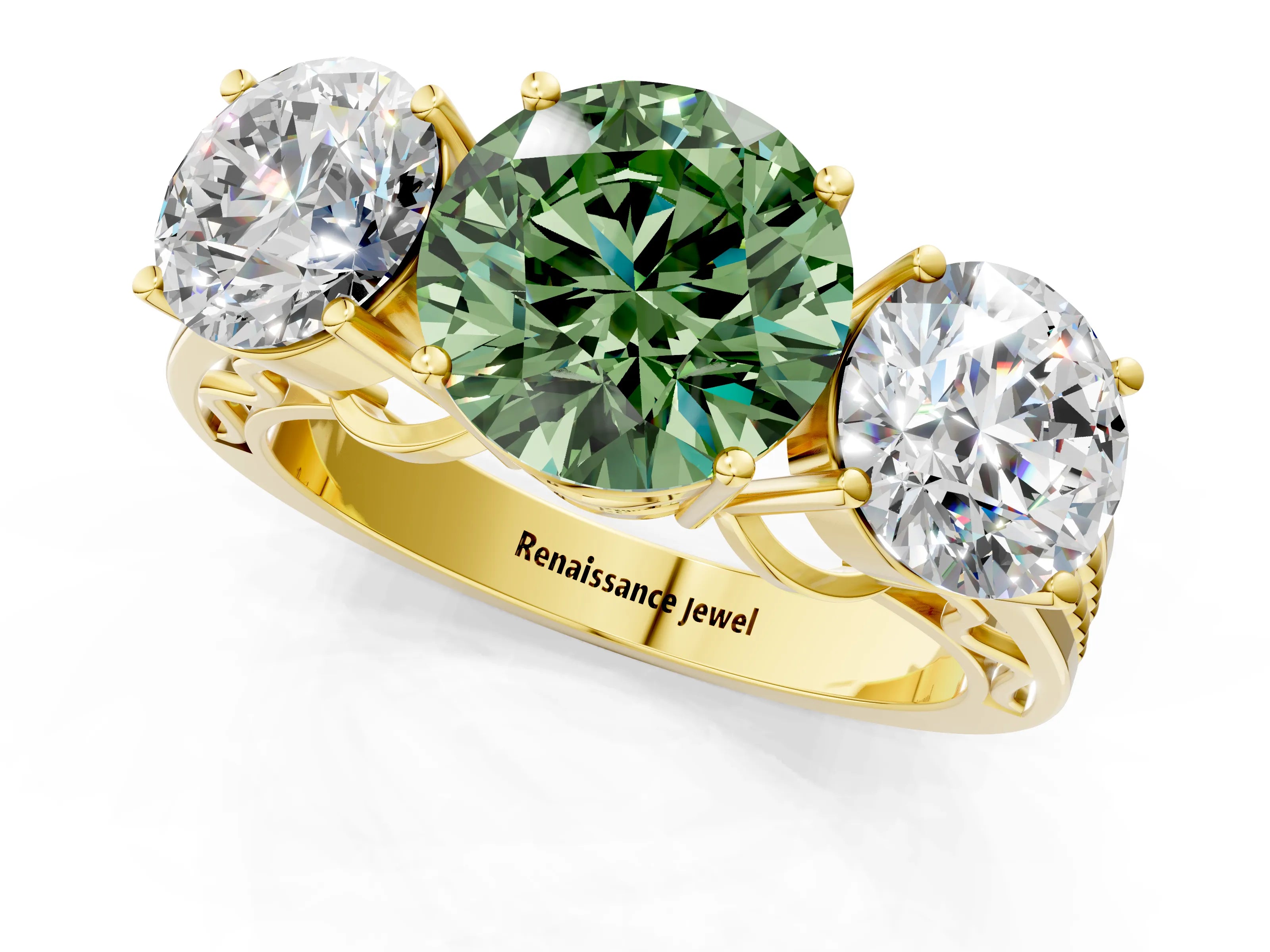 Yellow gold Fancy Green Round Cut Diamond Three-Stone Ring with Prong Setting and Textured Band_1
