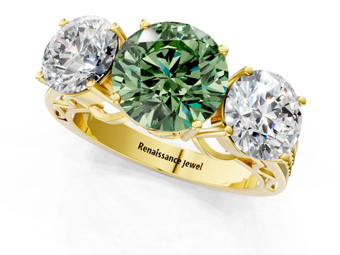 Yellow gold Fancy Green Round Cut Diamond Three-Stone Ring with Prong Setting and Textured Band_1
