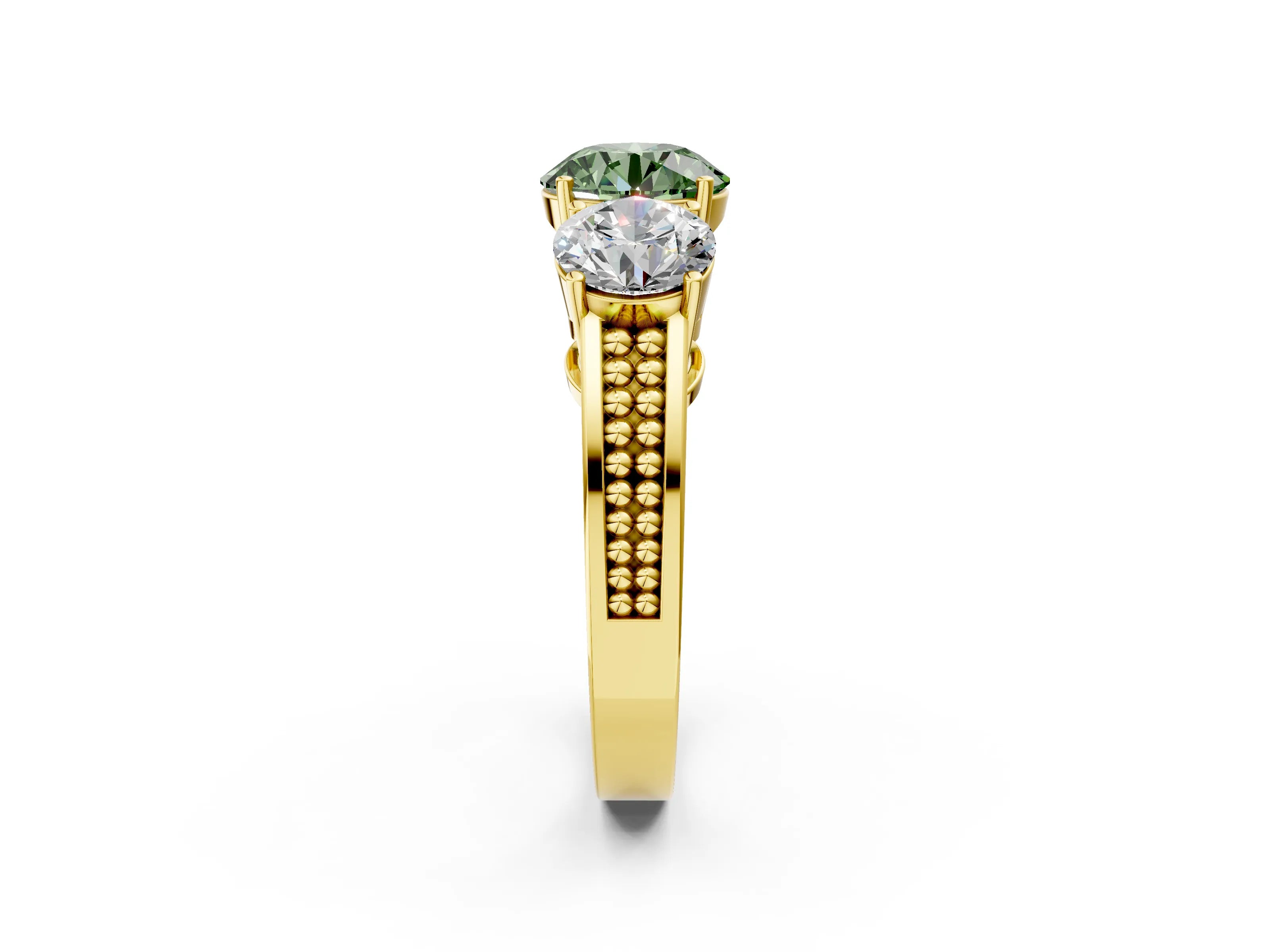 Yellow gold Fancy Green Round Cut Diamond Three-Stone Ring with Prong Setting and Textured Band_2