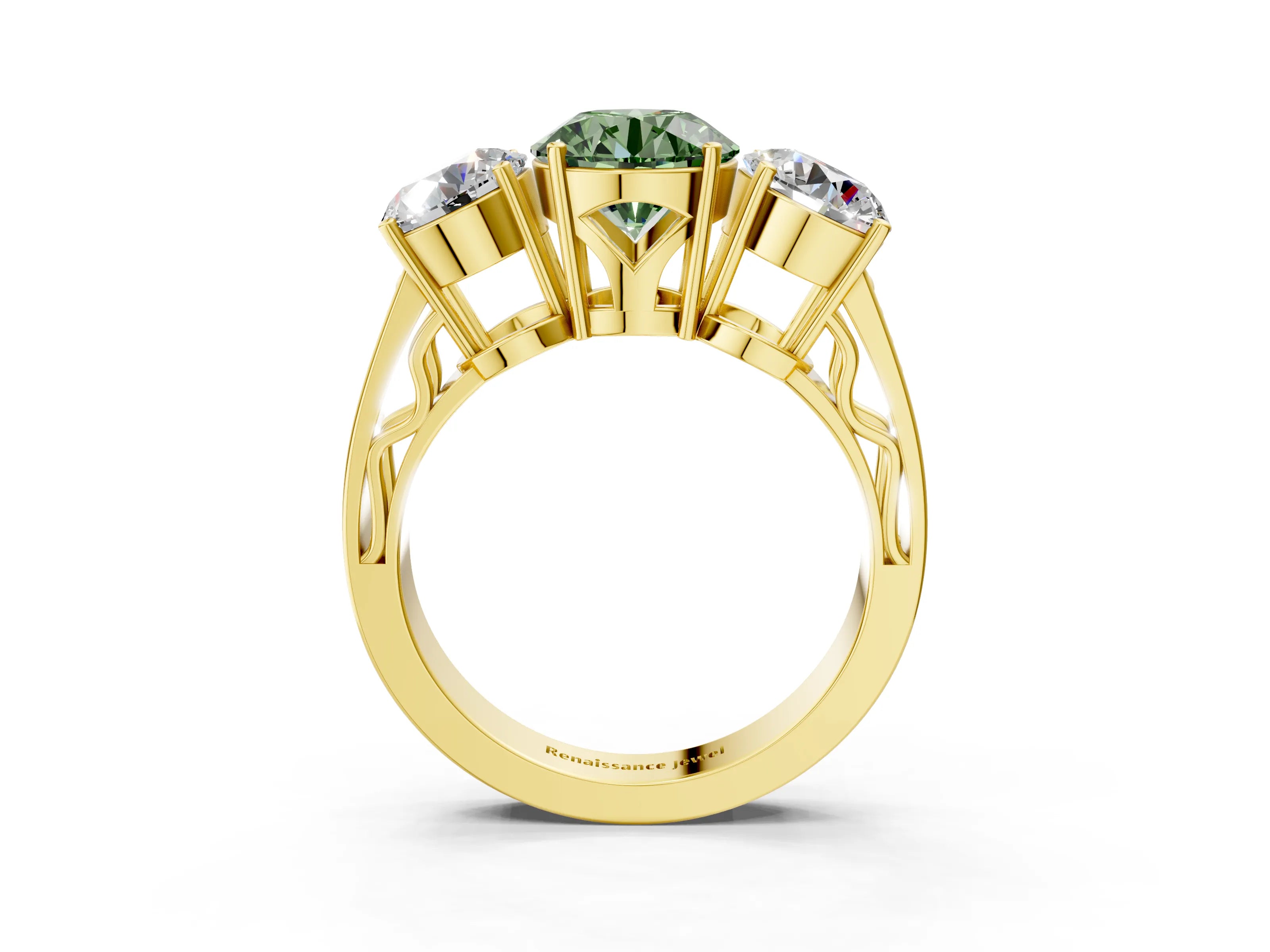 Yellow gold Fancy Green Round Cut Diamond Three-Stone Ring with Prong Setting and Textured Band_3