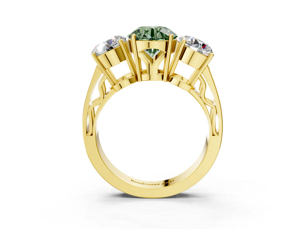 Yellow gold Fancy Green Round Cut Diamond Three-Stone Ring with Prong Setting and Textured Band