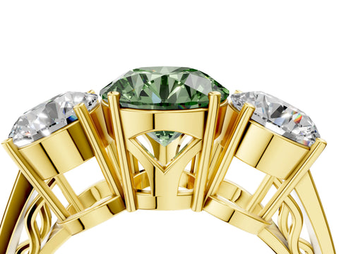 Yellow gold Fancy Green Round Cut Diamond Three-Stone Ring with Prong Setting and Textured Band_4