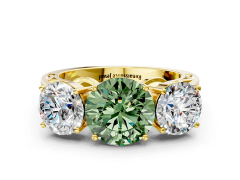 Yellow gold Fancy Green Round Cut Diamond Three-Stone Ring with Prong Setting and Textured Band