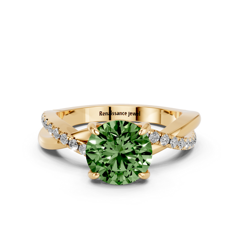 Yellow gold Fancy Green Round  Cut Diamond Twist Band Solitaire with Prong Setting_11
