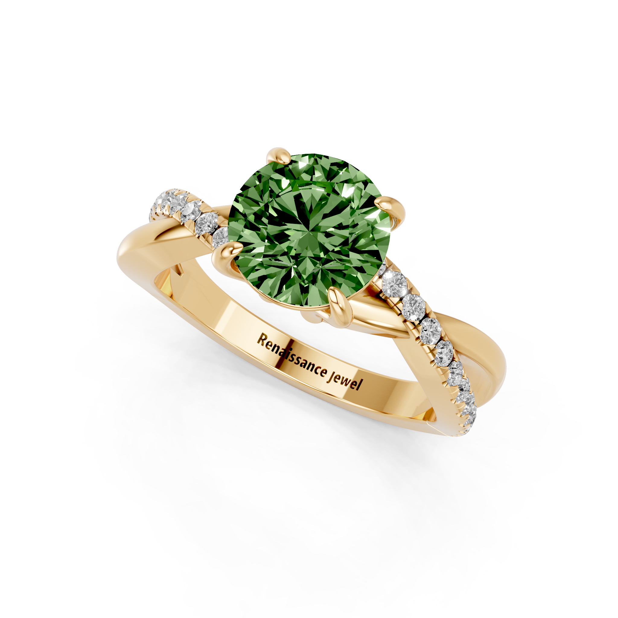 Yellow gold Fancy Green Round  Cut Diamond Twist Band Solitaire with Prong Setting_3