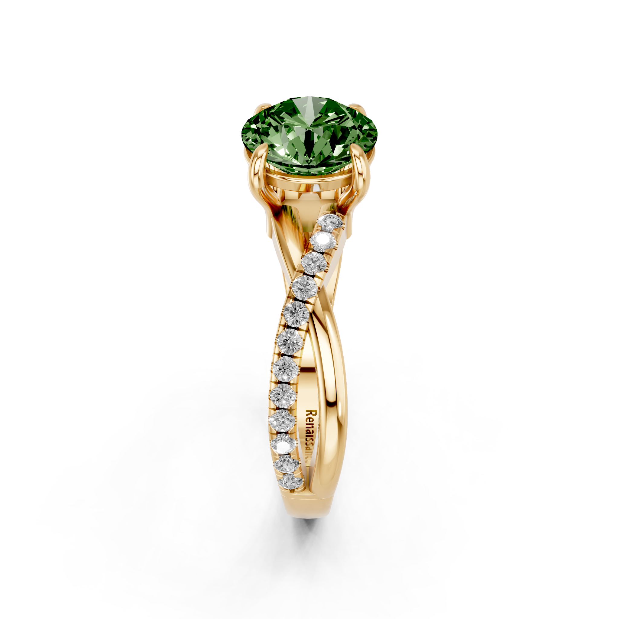 Yellow gold Fancy Green Round  Cut Diamond Twist Band Solitaire with Prong Setting_4