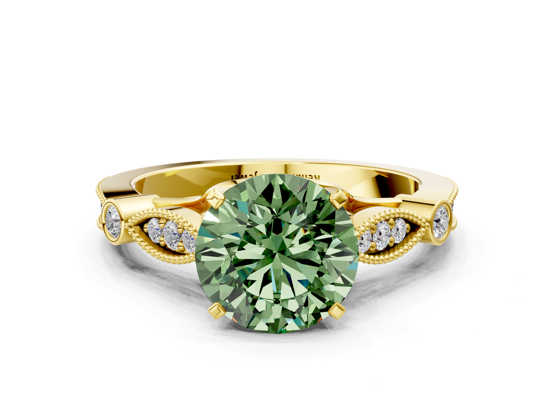 Yellow gold Fancy Green Round  Cut Diamond with Milgrain Marquise and Bezel Accents on a Solitaire Band with Prong Setting_189