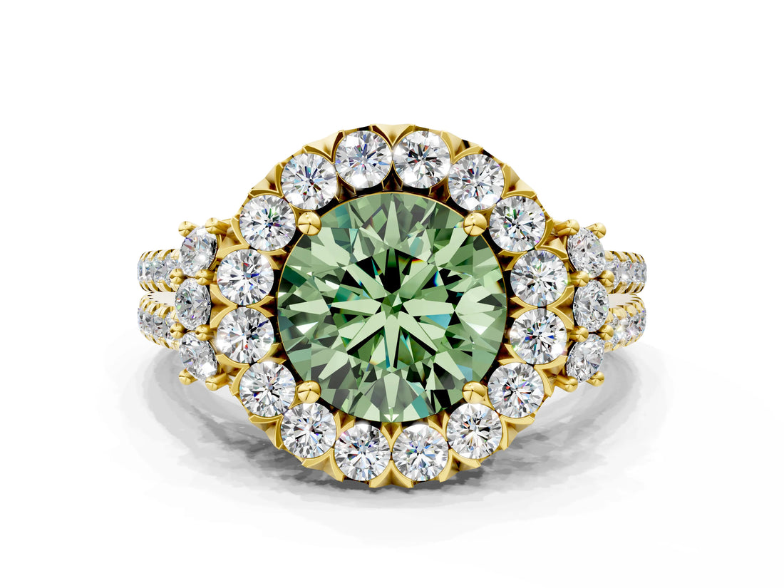 Yellow gold Fancy Green Round  Cut Double Halo Diamond Engagement Ring with Pave Band and Four-Prong Setting_40