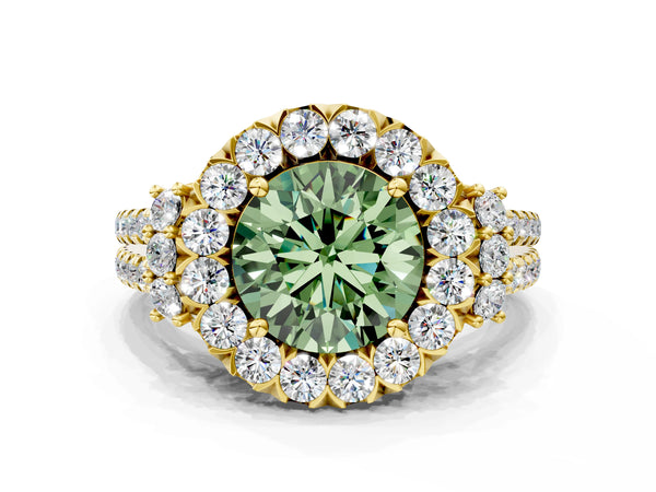 Yellow gold Fancy Green Round  Cut Double Halo Diamond Engagement Ring with Pave Band and Four-Prong Setting