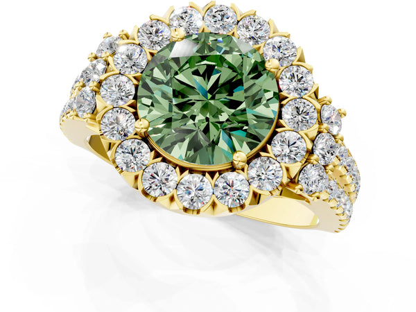 Yellow gold Fancy Green Round  Cut Double Halo Diamond Engagement Ring with Pave Band and Four-Prong Setting
