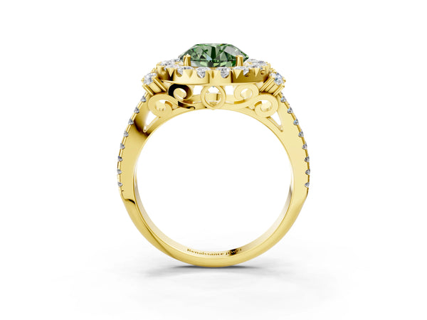 Yellow gold Fancy Green Round  Cut Double Halo Diamond Engagement Ring with Pave Band and Four-Prong Setting