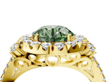Yellow gold Fancy Green Round  Cut Double Halo Diamond Engagement Ring with Pave Band and Four-Prong Setting_44