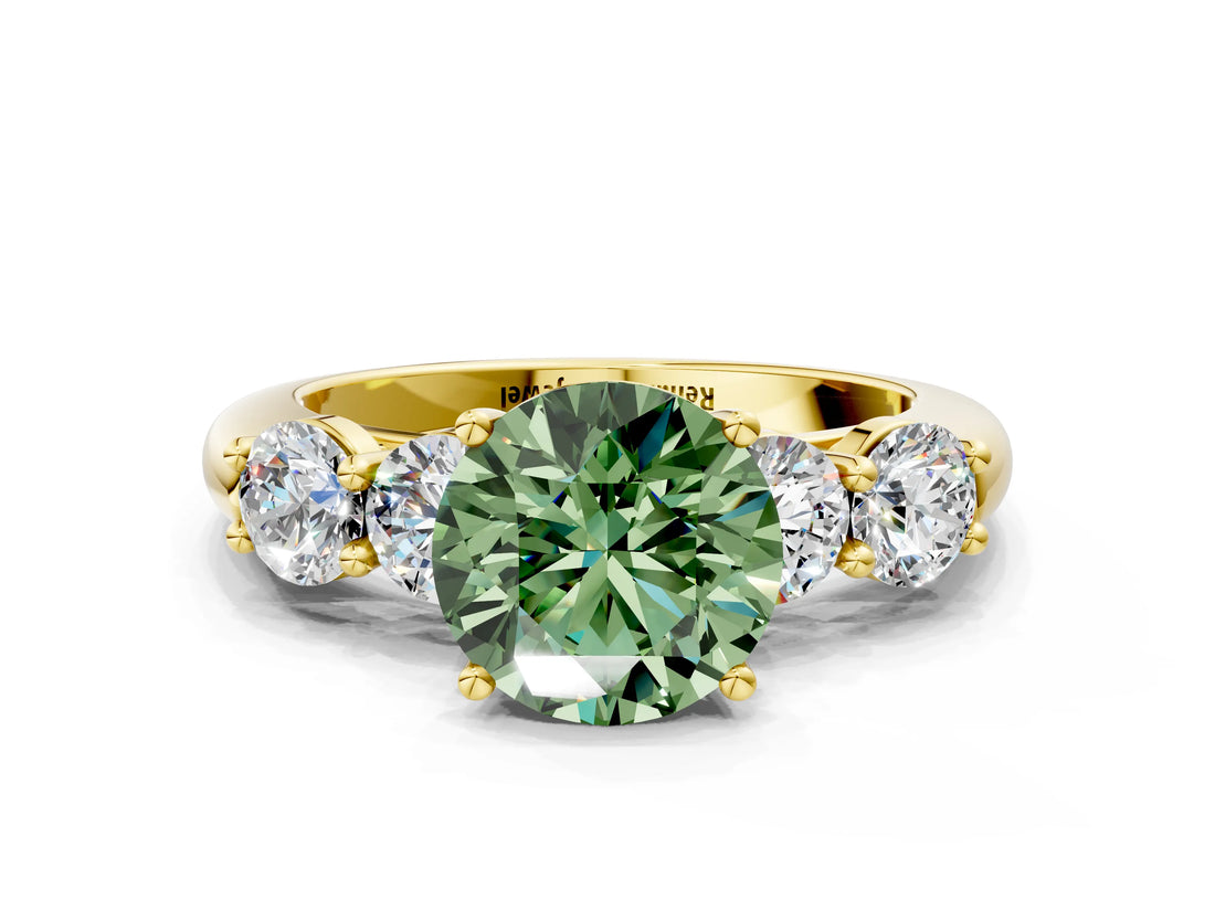 Yellow gold Fancy Green Round  Cut Five-Stone Prong Set Diamond Ring with Classic Band_33