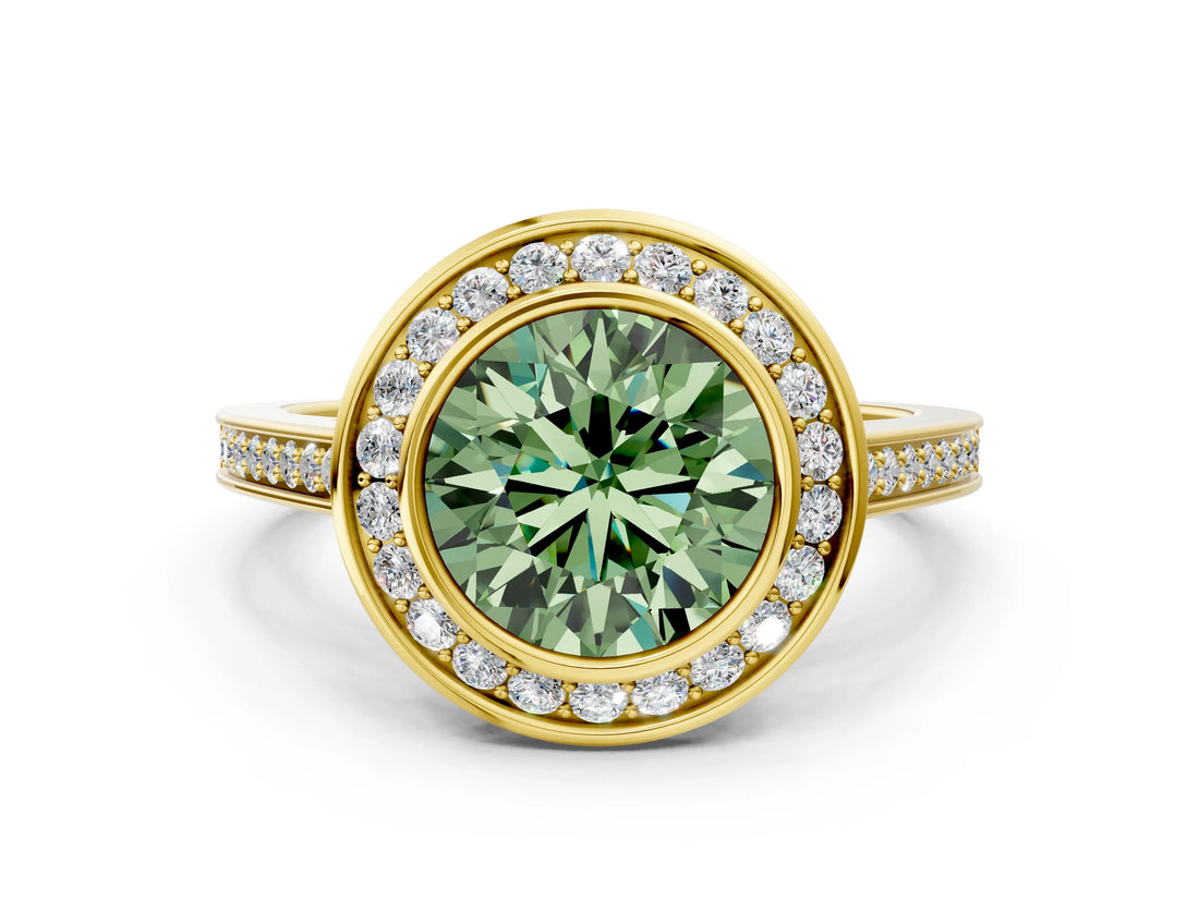 Yellow gold Fancy Green Round Cut Halo Bezel Diamond Pave Band Ring