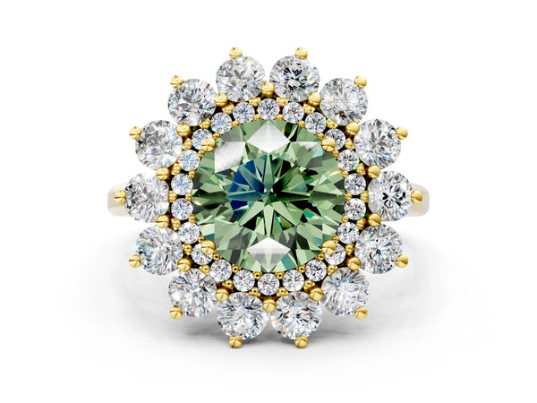 Yellow gold Fancy Green Round Cut Halo Cluster Diamond Ring with Pave Band and Four-Prong Setting