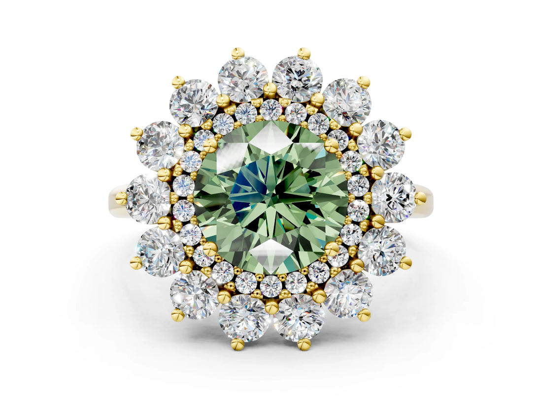 Yellow gold Fancy Green Round Cut Halo Cluster Diamond Ring with Pave Band and Four-Prong Setting_12