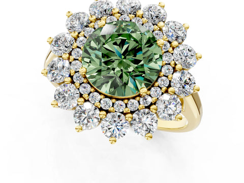 Yellow gold Fancy Green Round Cut Halo Cluster Diamond Ring with Pave Band and Four-Prong Setting_13