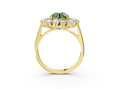 Yellow gold Fancy Green Round Cut Halo Cluster Diamond Ring with Pave Band and Four-Prong Setting_15
