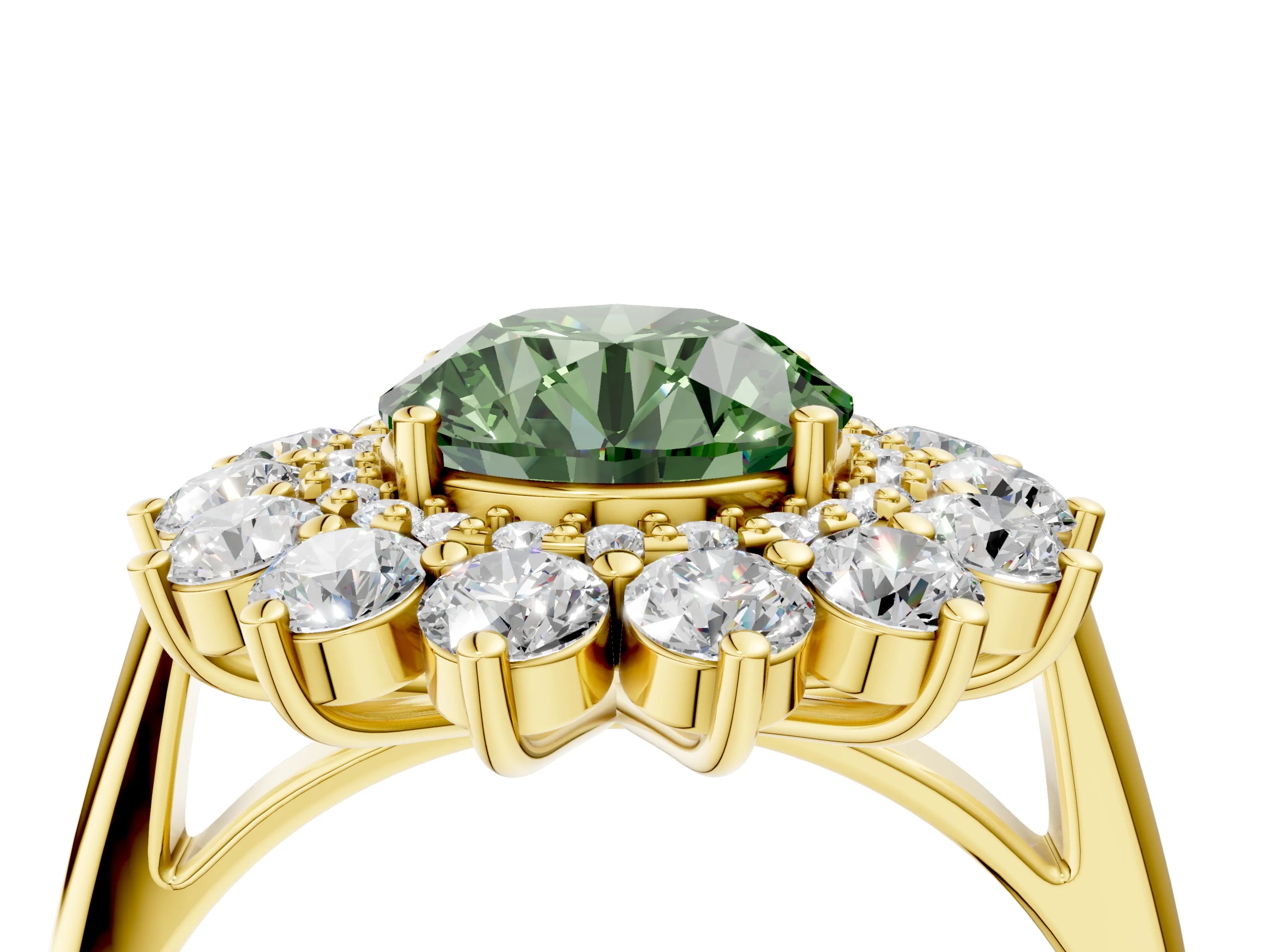 Yellow gold Fancy Green Round Cut Halo Cluster Diamond Ring with Pave Band and Four-Prong Setting_16