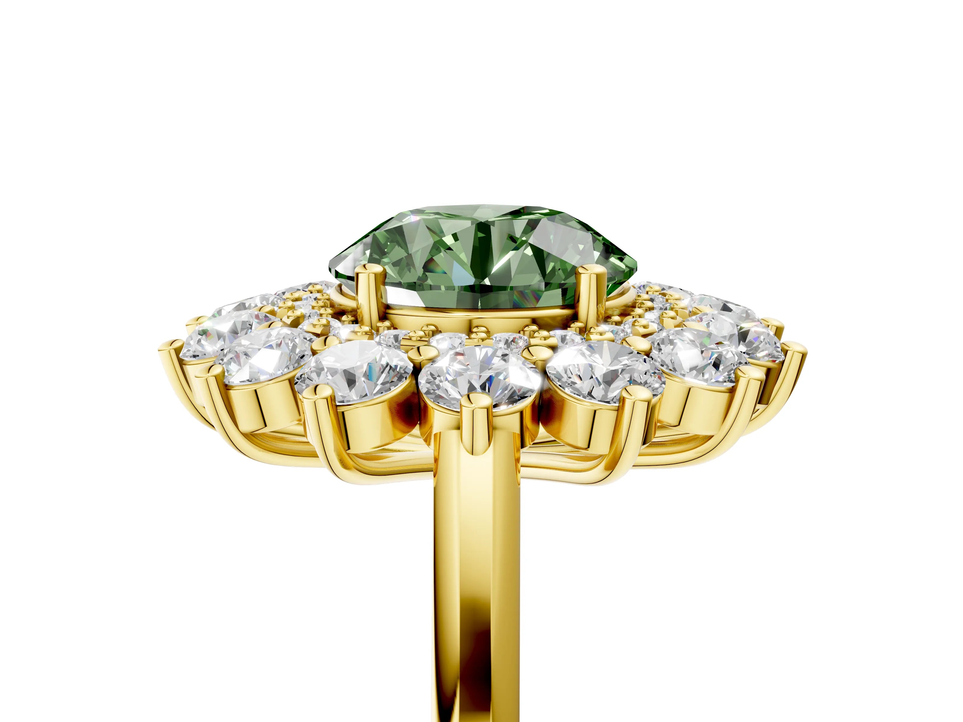 Yellow gold Fancy Green Round Cut Halo Cluster Diamond Ring with Pave Band and Four-Prong Setting_17