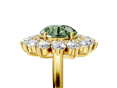 Yellow gold Fancy Green Round Cut Halo Cluster Diamond Ring with Pave Band and Four-Prong Setting_17