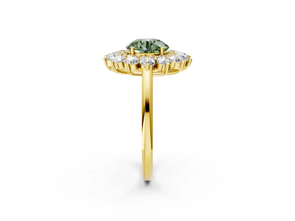 Yellow gold Fancy Green Round Cut Halo Cluster Diamond Ring with Pave Band and Four-Prong Setting