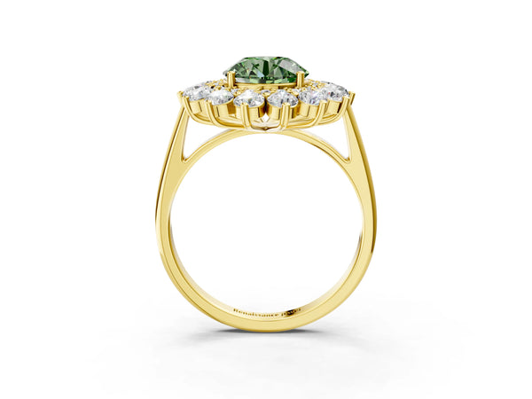 Yellow gold Fancy Green Round Cut Halo Cluster Diamond Ring with Pave Band and Four-Prong Setting