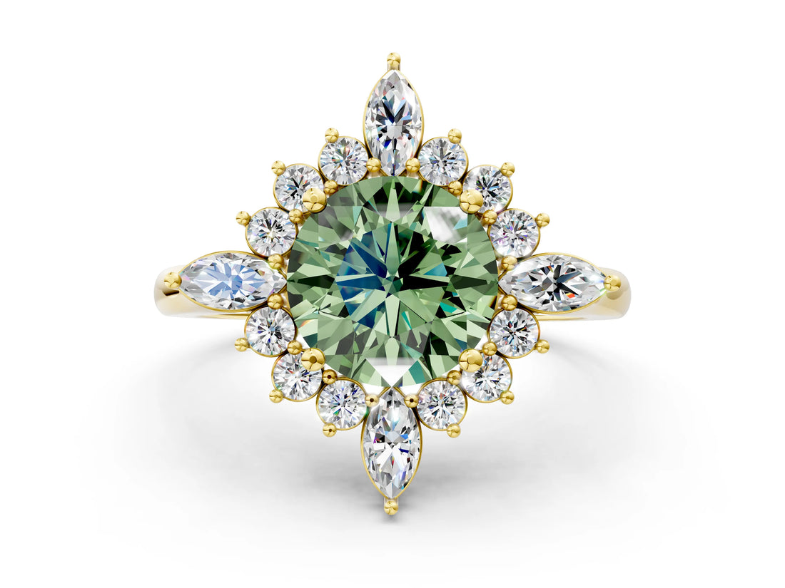 Yellow gold Fancy Green Round Cut Halo Diamond Cluster Ring with Marquise and Round Stones on a White Gold Band with Prong Setting