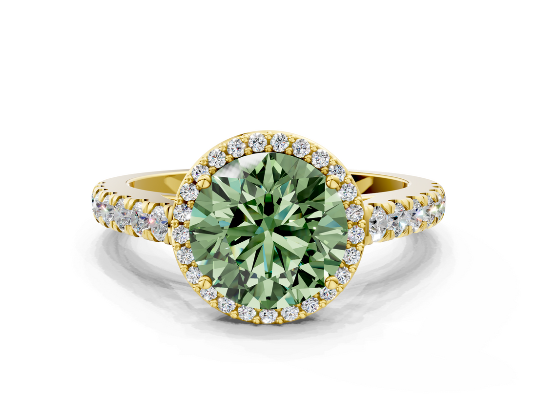 Yellow gold Fancy Green Round  Cut Halo Diamond Engagement Ring with Pave Band and Four-Prong Setting_28