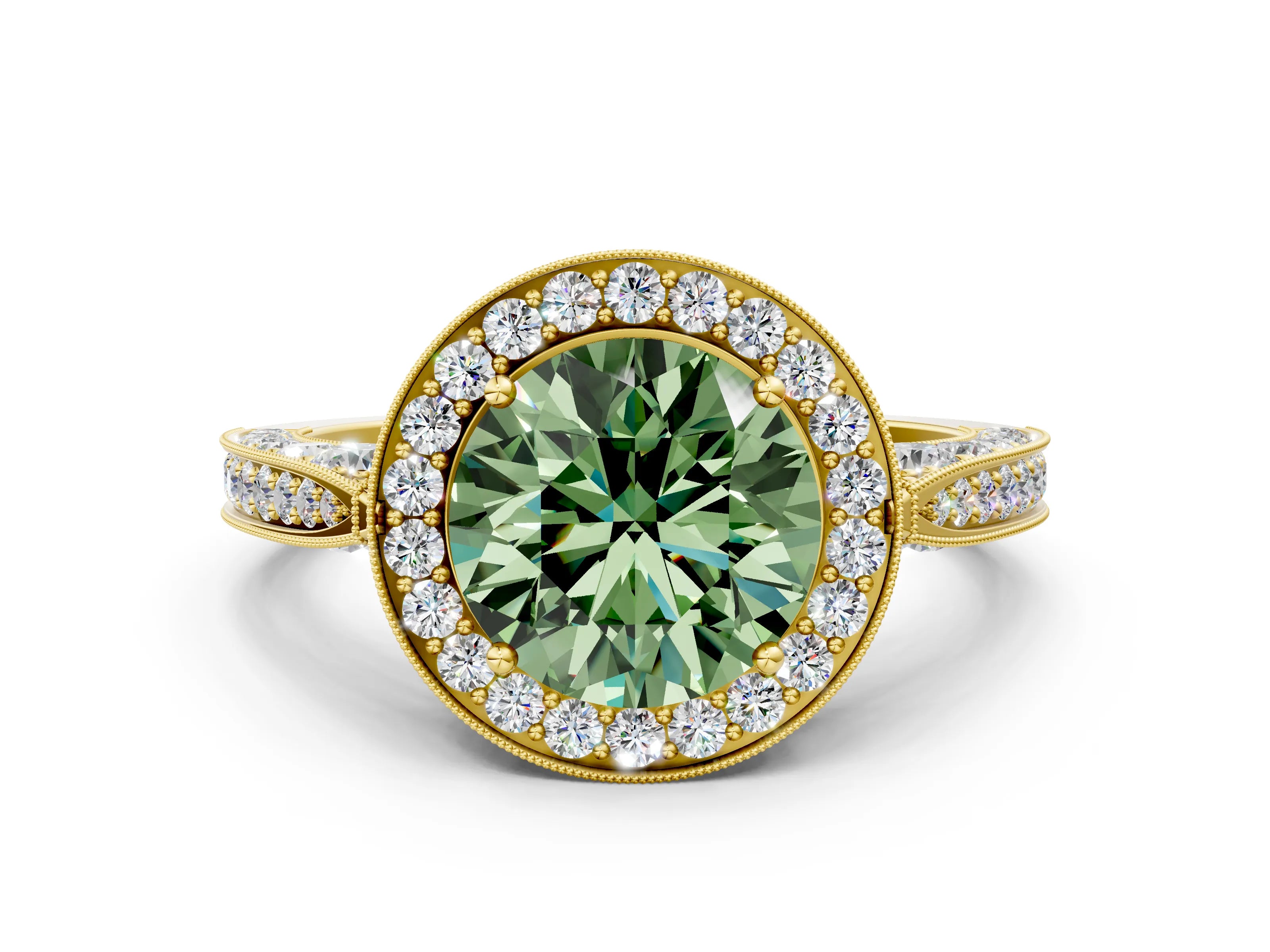 Yellow gold Fancy Green Round Cut Halo Diamond Engagement Ring with Split Shank Band and Four-Prong Setting