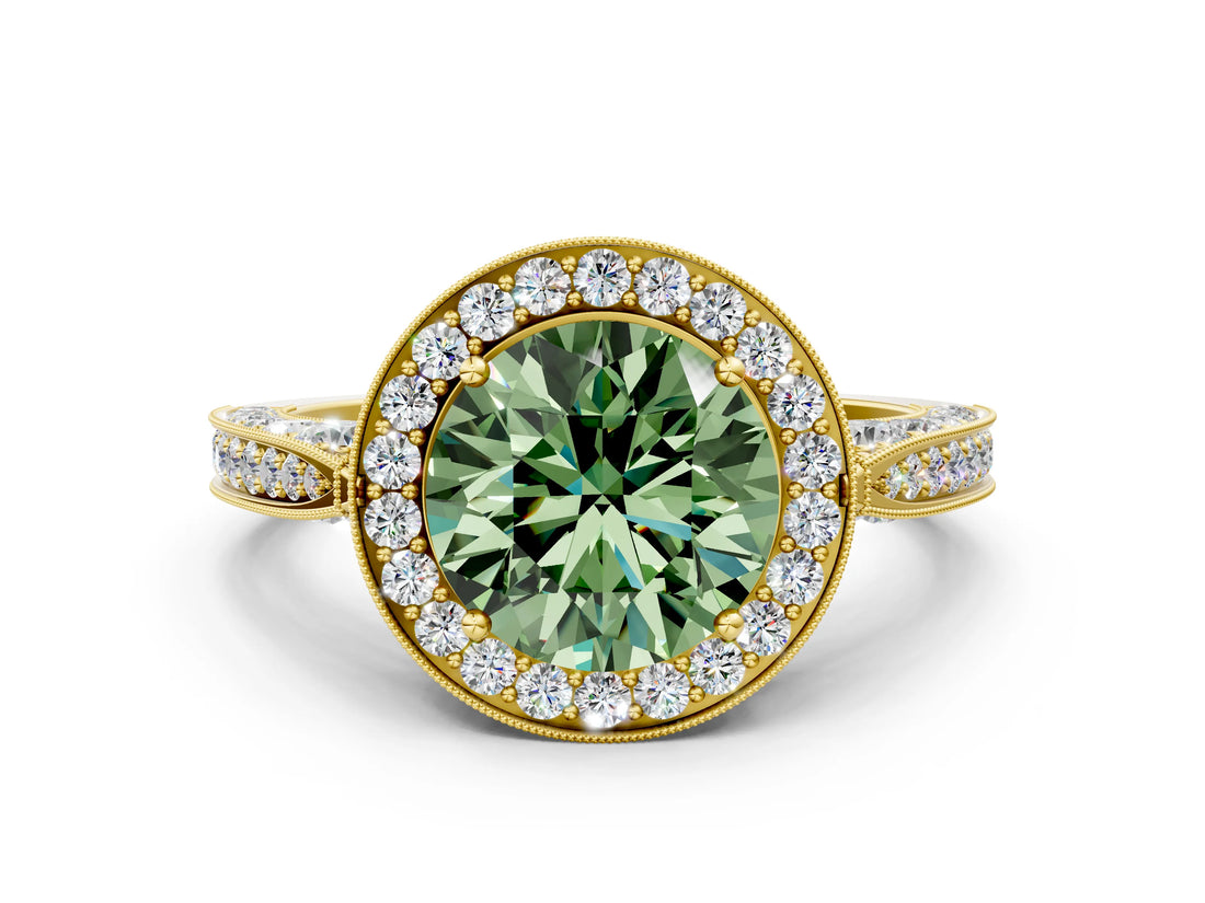 Yellow gold Fancy Green Round Cut Halo Diamond Engagement Ring with Split Shank Band and Four-Prong Setting
